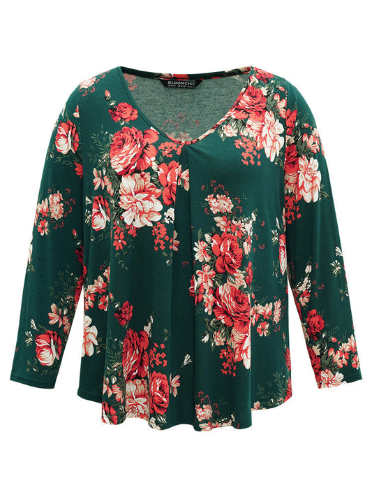 Floral Print Plicated Detail Flutter T-shirt
