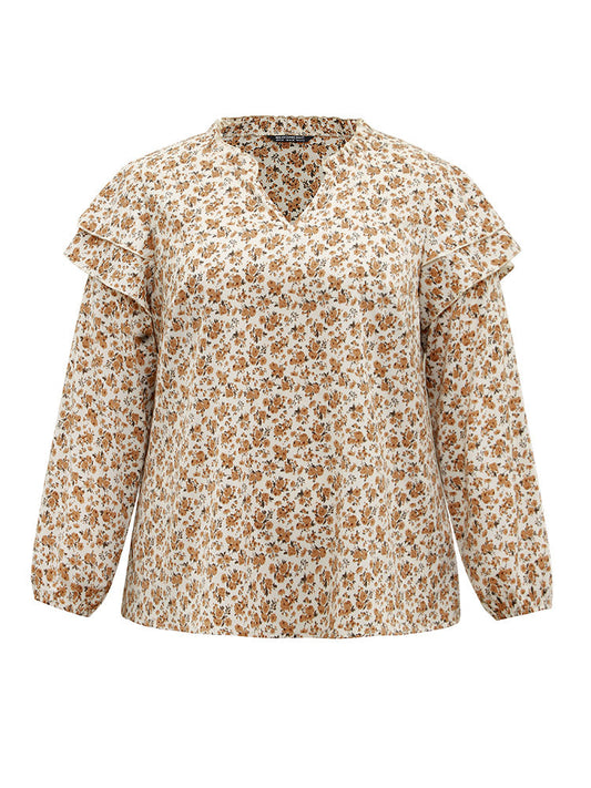 Ditsy Floral Notched Tiered Ruffles Lantern Sleeve Blouse