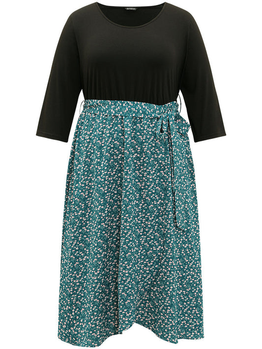 Ditsy Floral Patchwork Pocket  Belted Crew Neck Dress