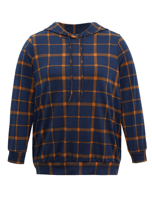 Contrast Plaid Hooded Drawstring Sweatshirt