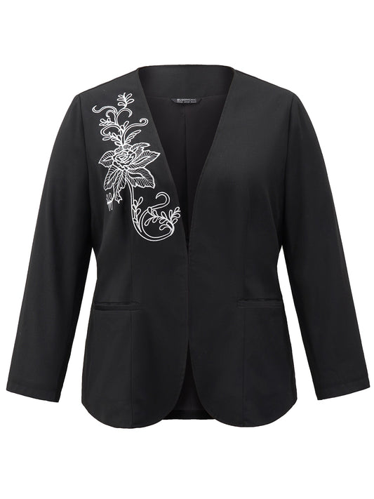 Floral Embroidered Hook Buckle Pocket Blazer