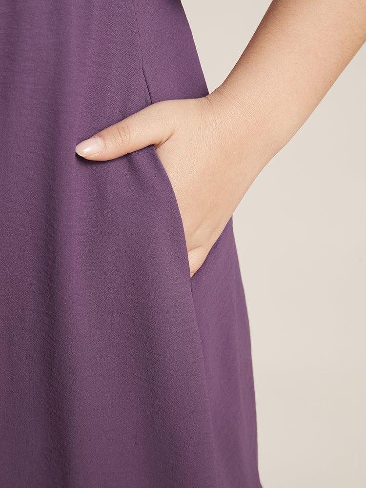 Solid V Neck Button Detail Pocket Ruffles Hem Dress