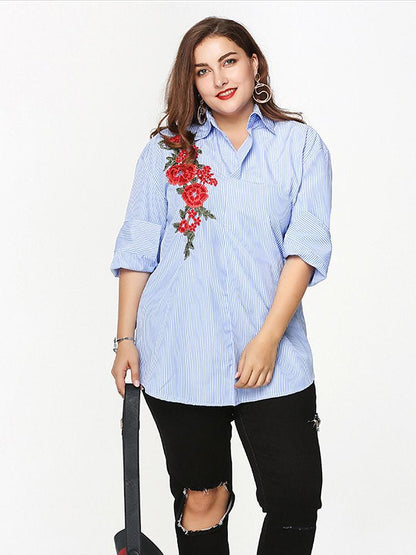 Floral Embroidery Stripe Lapel Shirt