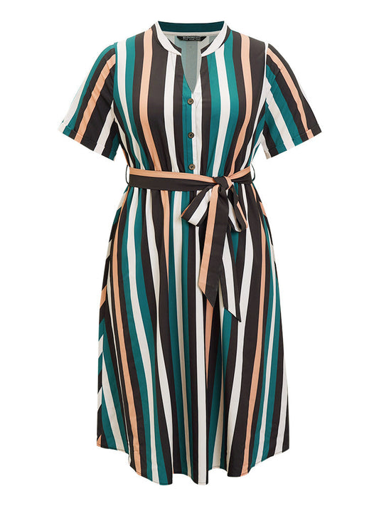 Striped Contrast Button Detail Belt Pocket Notched Dress