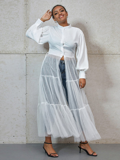 Contrast Mesh Sheer Ruffle Shirt Dress