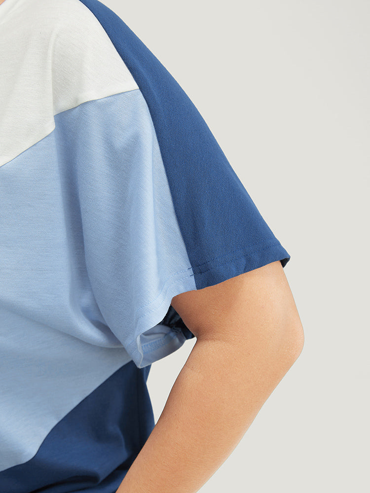 Colorblock Contrast Crew Neck Batwing Sleeve T-shirt