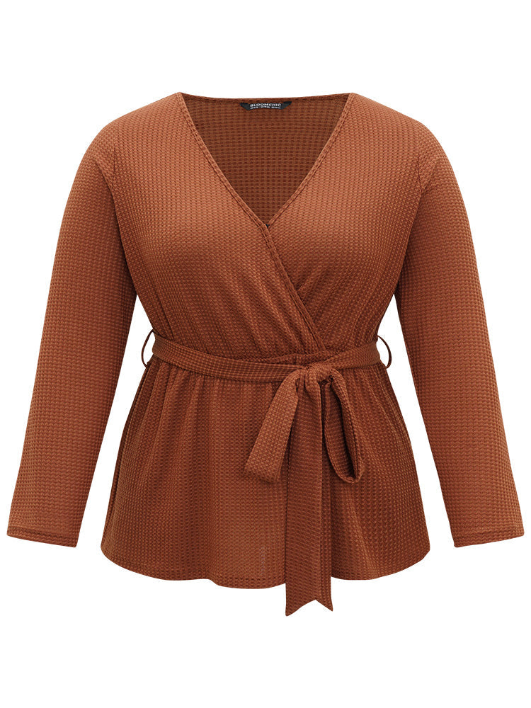 Plain Waffle Knit Wrap V Neck Ties T-shirt