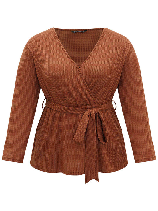 Plain Waffle Knit Wrap V Neck Ties T-shirt