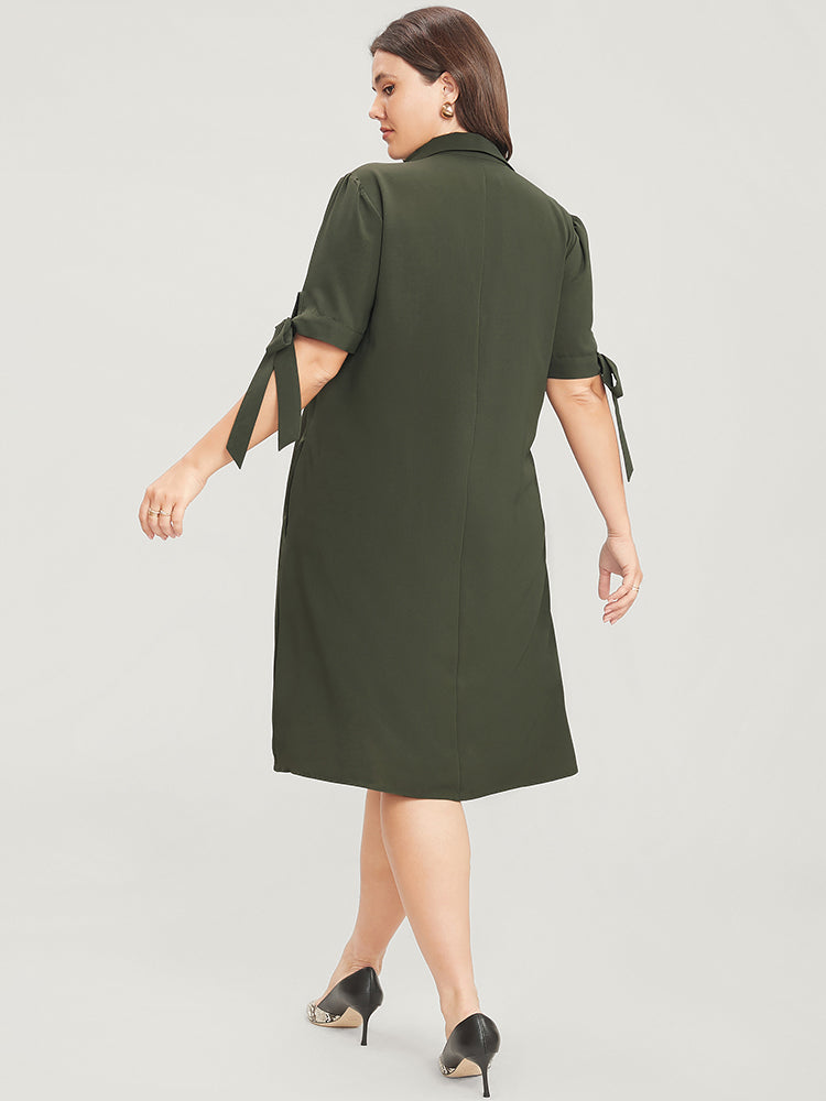 Solid Pocket Button Through Knotted Sleeve Shirt Collar Dress
