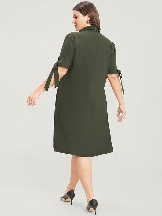 Solid Pocket Button Through Knotted Sleeve Shirt Collar Dress
