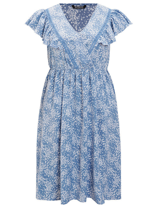 Ditsy Floral Ruffle Trim Pocket Surplice Neck Dress