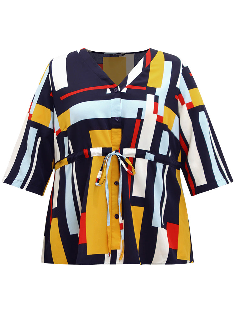 Geometric Contrast Drawstring Button Up Blouse