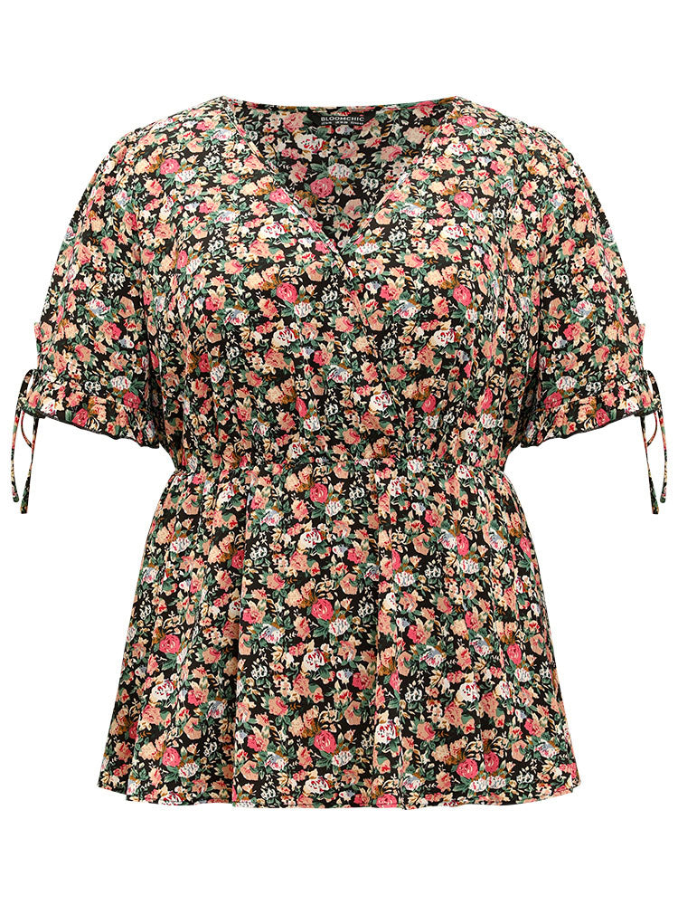 Ditsy Floral Wrap Ties Gathered Ruffle Hem Blouse