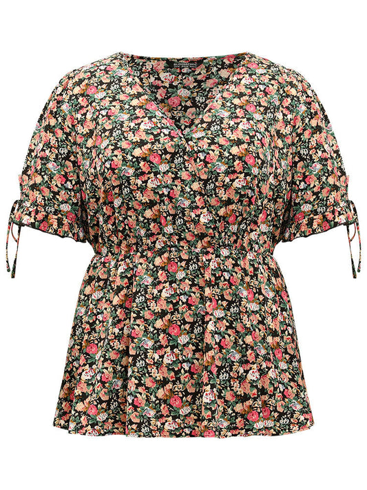 Ditsy Floral Wrap Ties Gathered Ruffle Hem Blouse