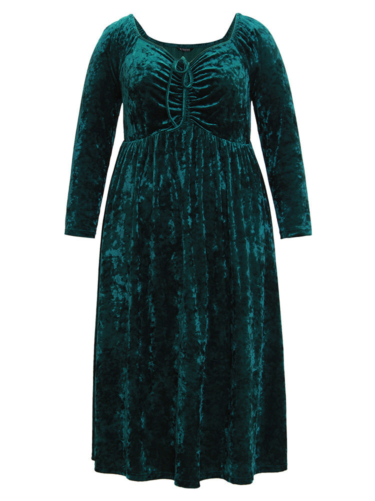 Velvet Ruched Ties Pocket Square Neck Dress