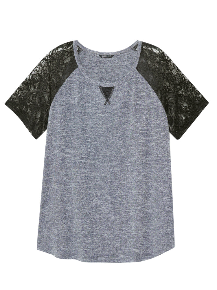 Floral Lace Mesh Raglan Sleeve Curved Hem T-shirt