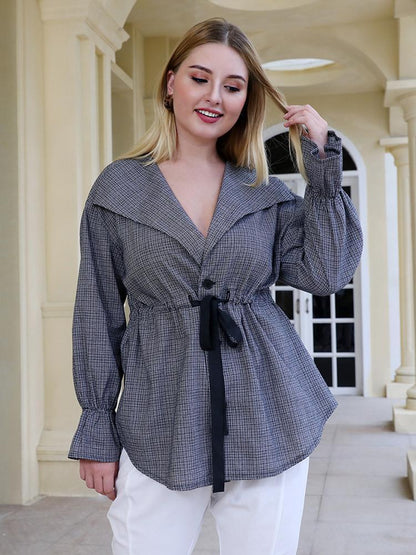 Plaid V-neck Drawstring Waist Blouse