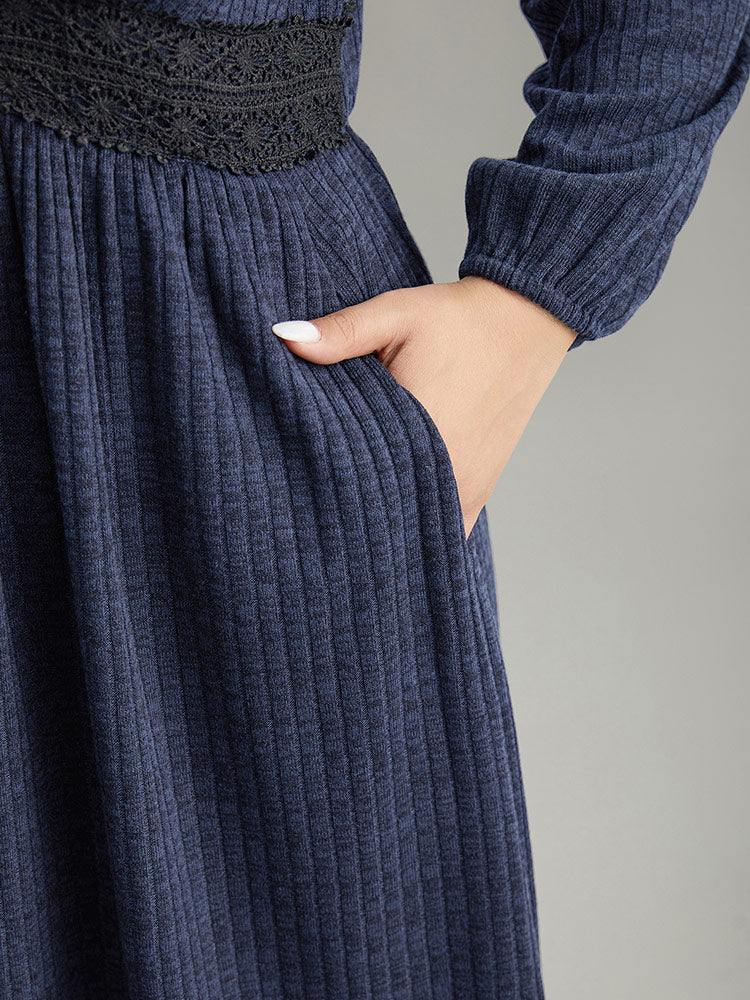 Rib Knit Lace Panel Contrast Pocket Dress