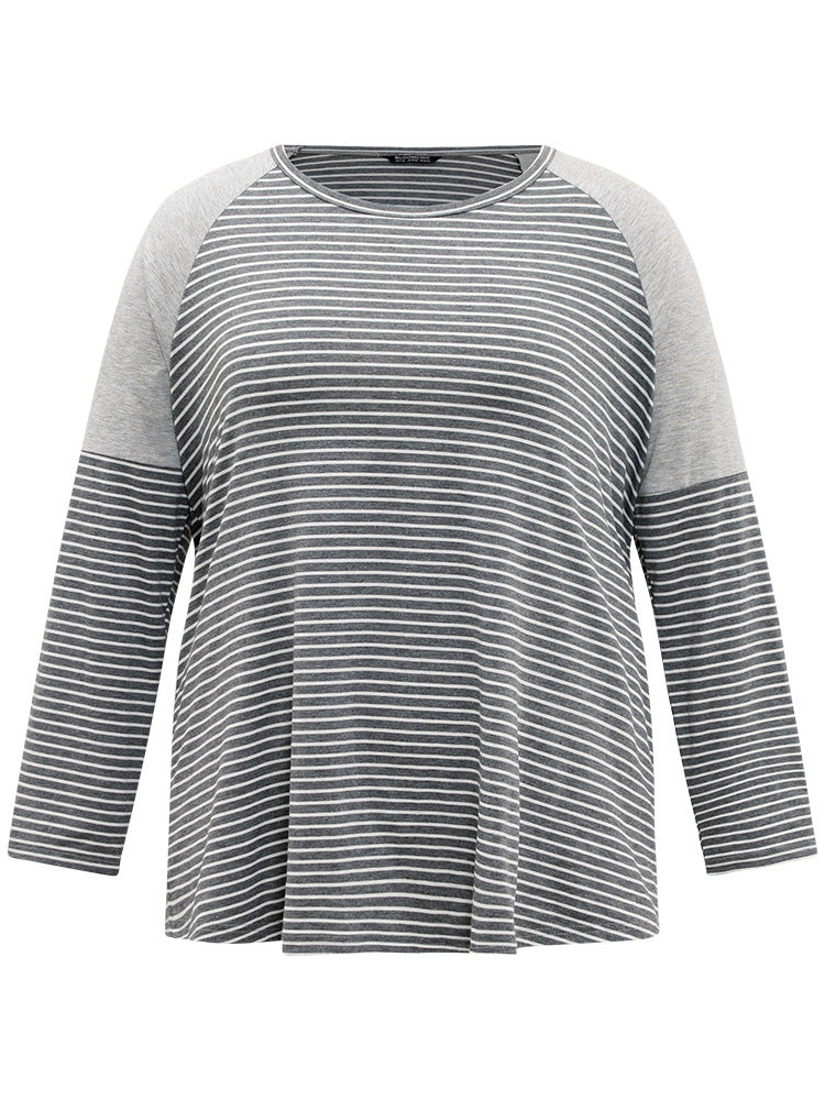 Striped Patchwork Crew Neck Raglan Sleeve T-shirt