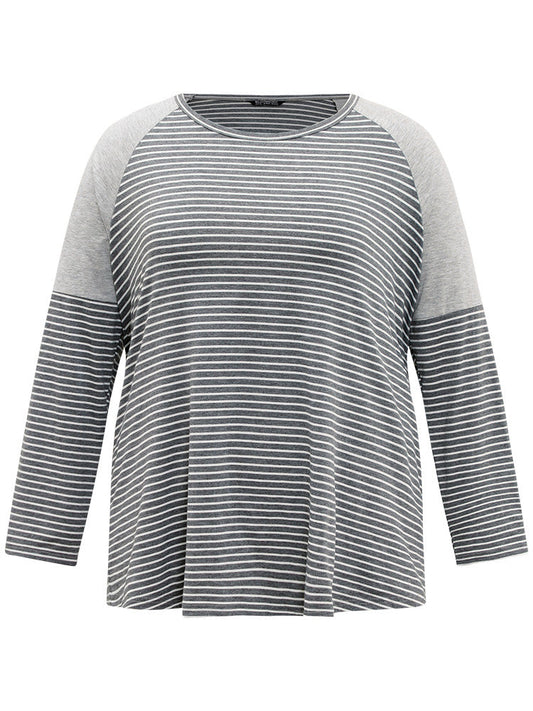 Striped Patchwork Crew Neck Raglan Sleeve T-shirt