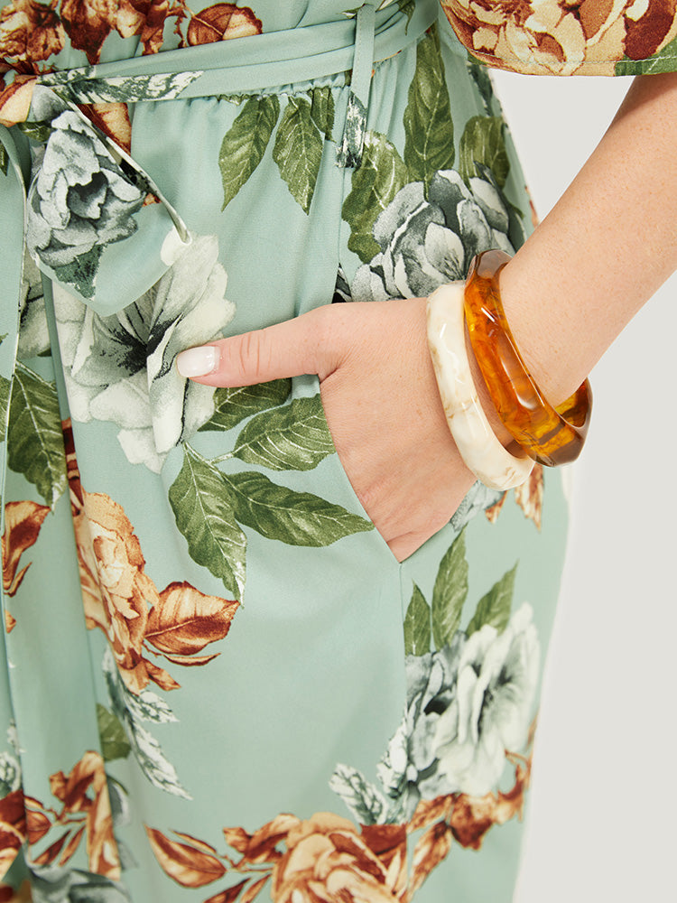 Floral Flutter Sleeve Gathered Belt Pocket Jumpsuit