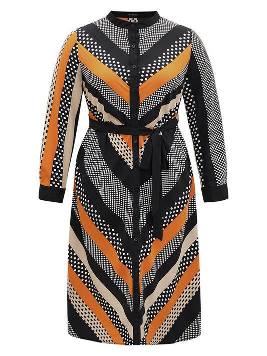 Polka Dot Striped Belted Button Through Dress