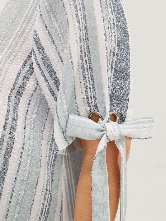 Striped Print Contrast Knotted Sleeve Blouse