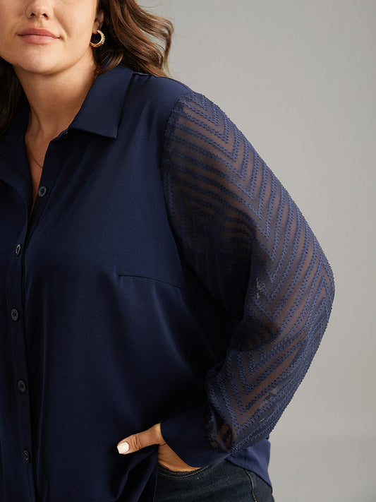 Plain Patchwork Mesh Texture Shirt Collar Blouse