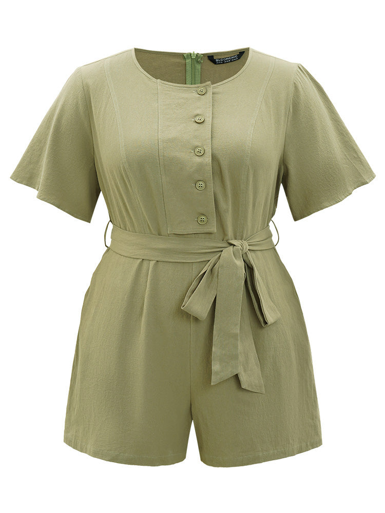 Plain Pocket Belted Button Through Jumpsuit
