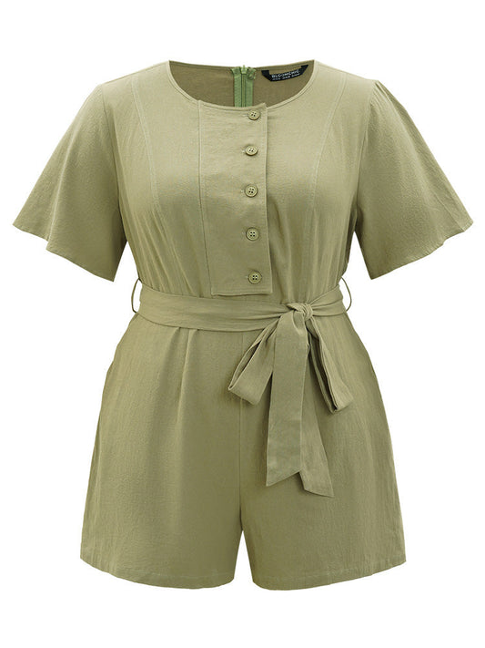 Plain Pocket Belted Button Through Jumpsuit