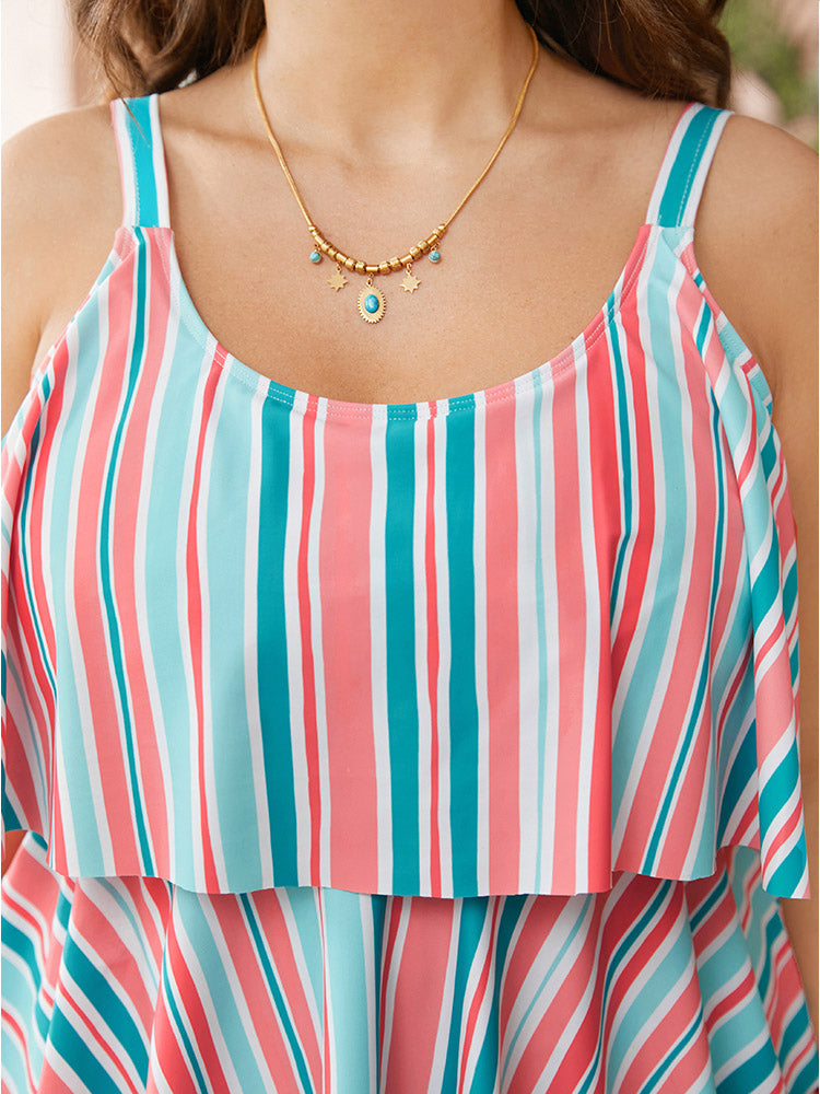 Striped Contrast Ruffle Tiered Tankini Top
