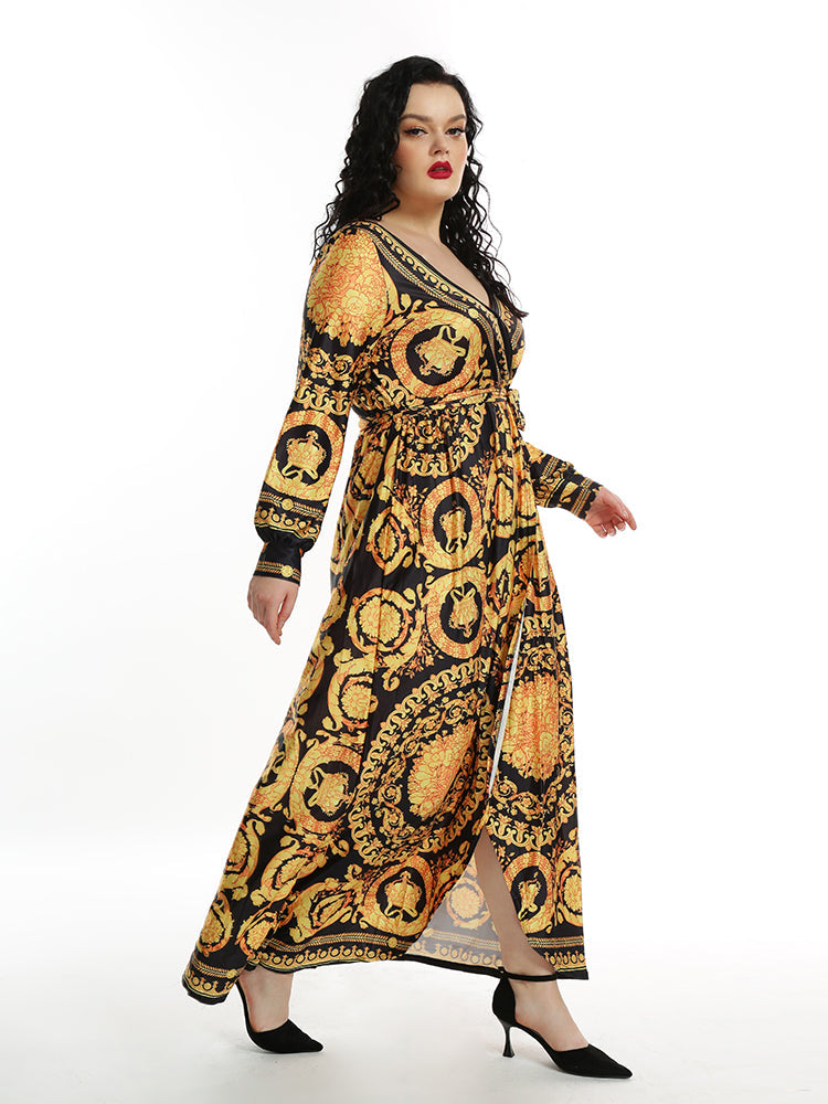 Vintage Printed High Slit Dress