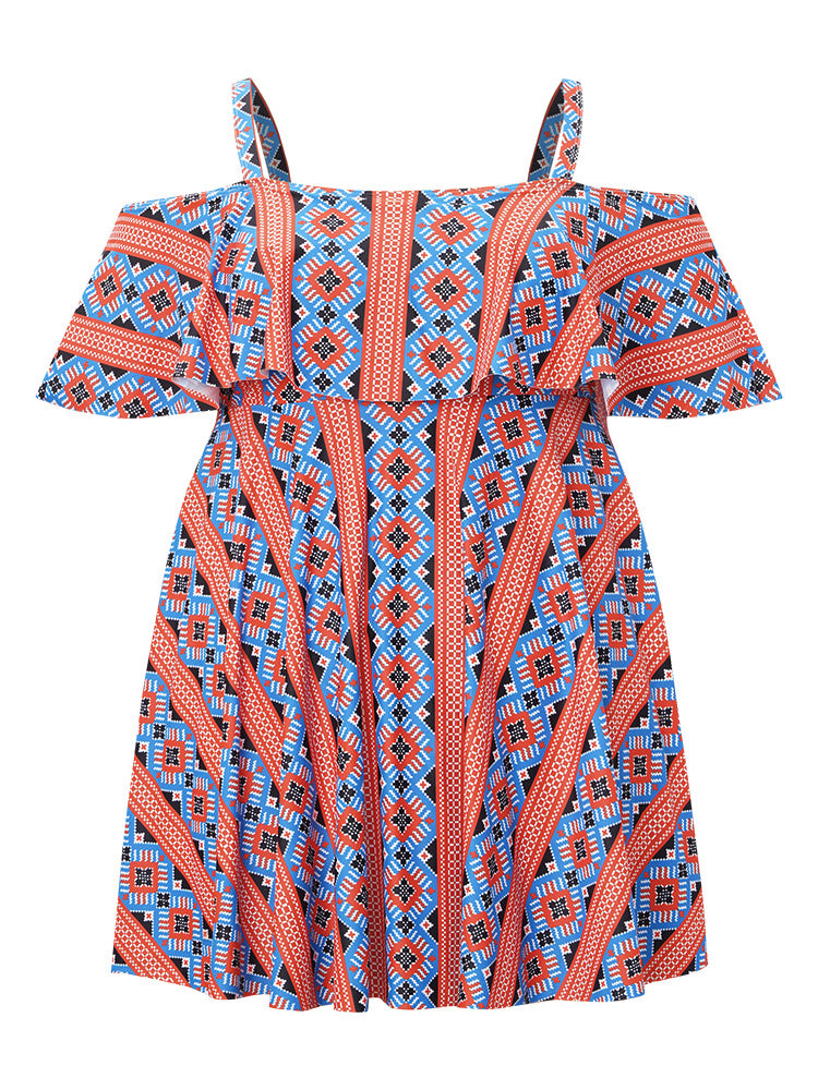 Geometric Contrast Ruffle Trim Cold Shoulder Swim Dress