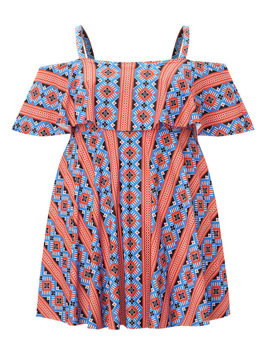 Geometric Contrast Ruffle Trim Cold Shoulder Swim Dress