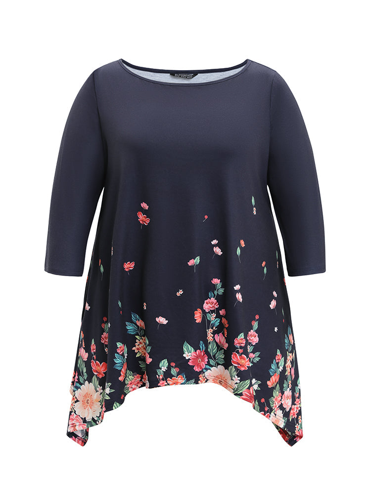 Floral Print Crew Neck Asymmetrical Hem T-shirt