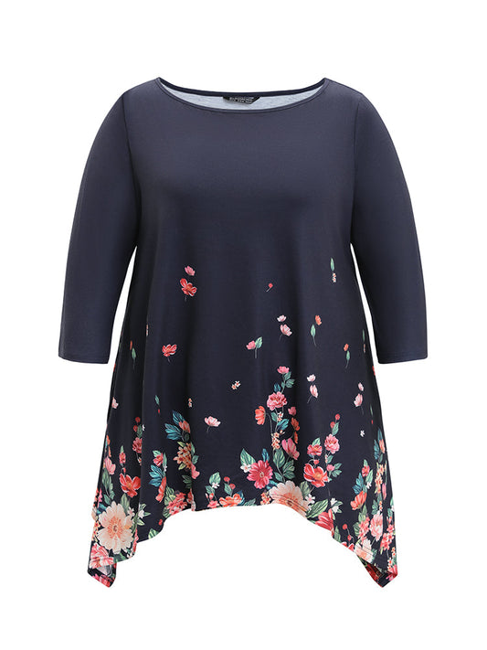 Floral Print Crew Neck Asymmetrical Hem T-shirt