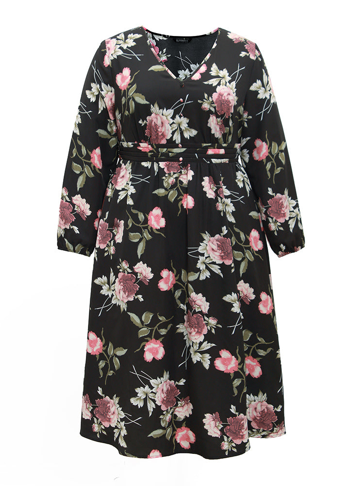 Floral Print Pocket Button Detail Pleated Dress