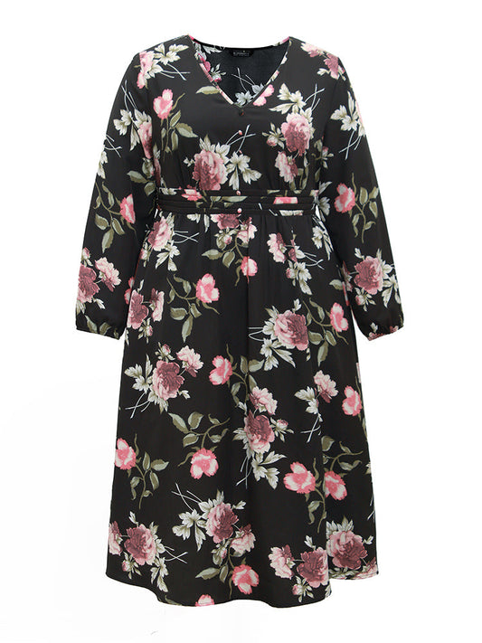 Floral Print Pocket Button Detail Pleated Dress