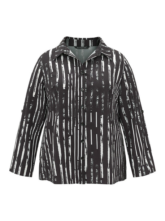 Shirt Collar Striped Tab Sleeve Blouse