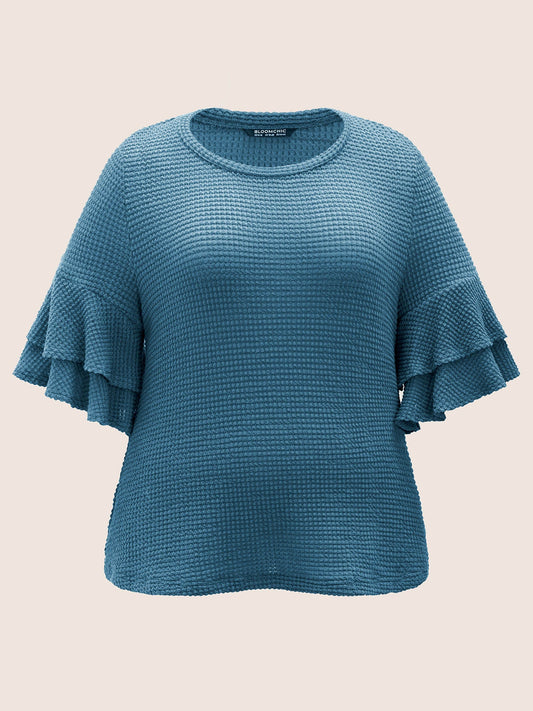 Solid Waffle Knit Tiered Flutter Sleeve T-shirt