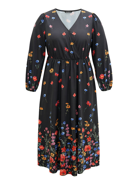 Boho Print Overlap Collar Lantern Sleeve Dress