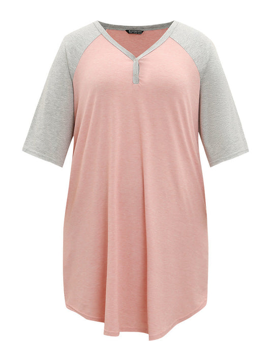 Colorblock Contrast Button Up Raglan Sleeve Pocket Sleep Dress