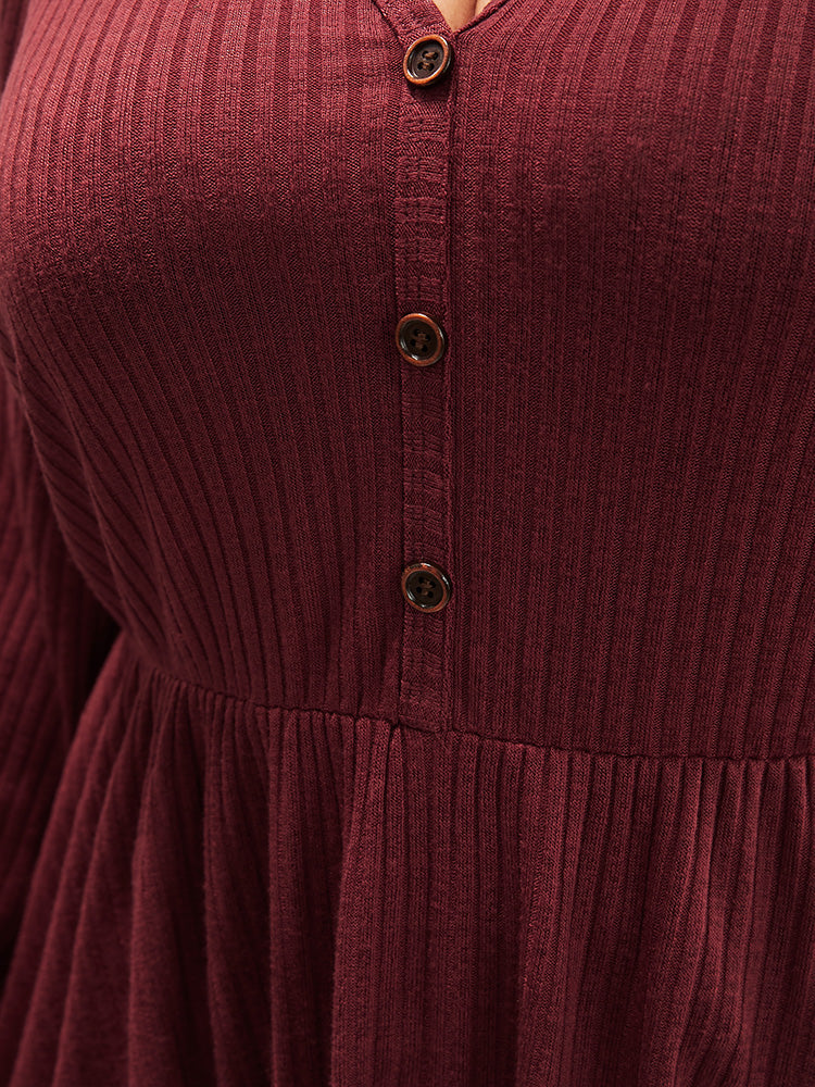 Solid Button Detail Rib Knit Asymmetrical Hem Long Tee