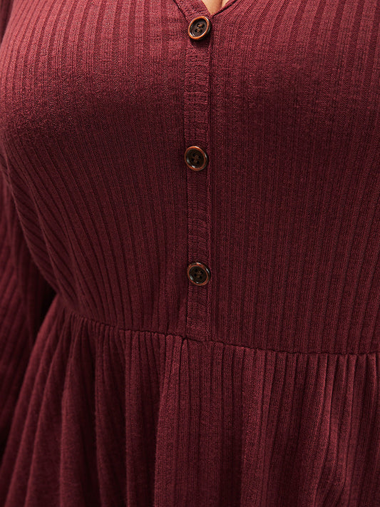 Solid Button Detail Rib Knit Asymmetrical Hem Long Tee