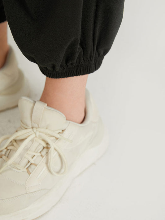 Plain Pocket Elastic Waist Ties Carrot Pants