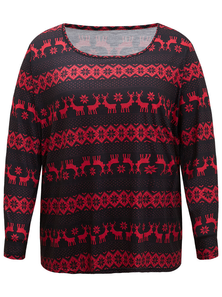 Christmas Elk Print Round Neck Sleep Top