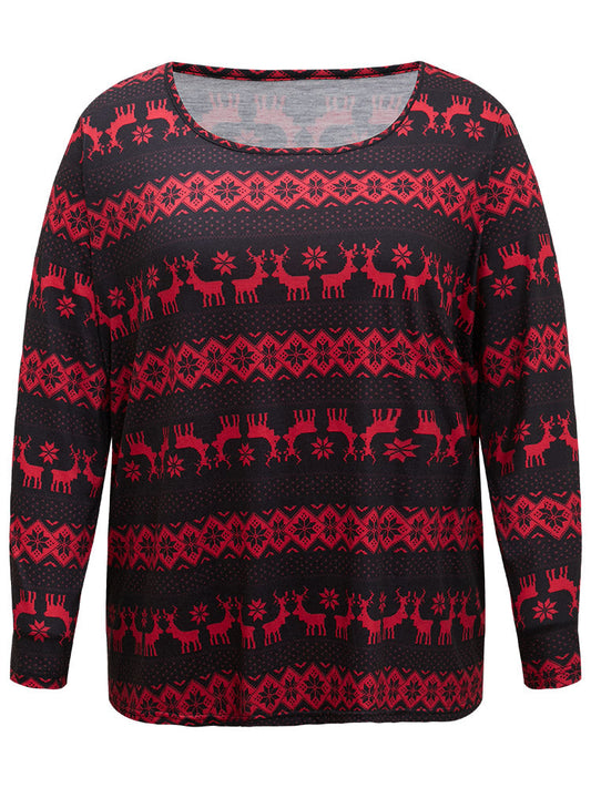 Christmas Elk Print Round Neck Sleep Top