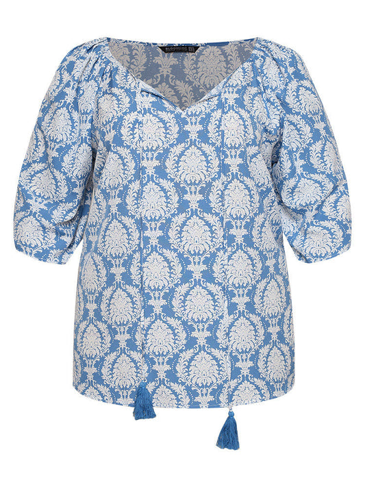 Boho Print Knot Neck Tassels Puff Sleeve Blouse