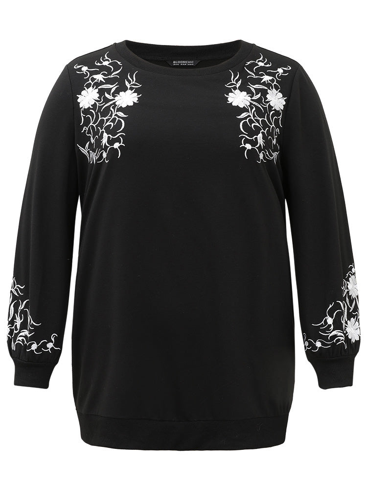 Floral Embroidered Pocket Elastic Cuffs Sweatshirt