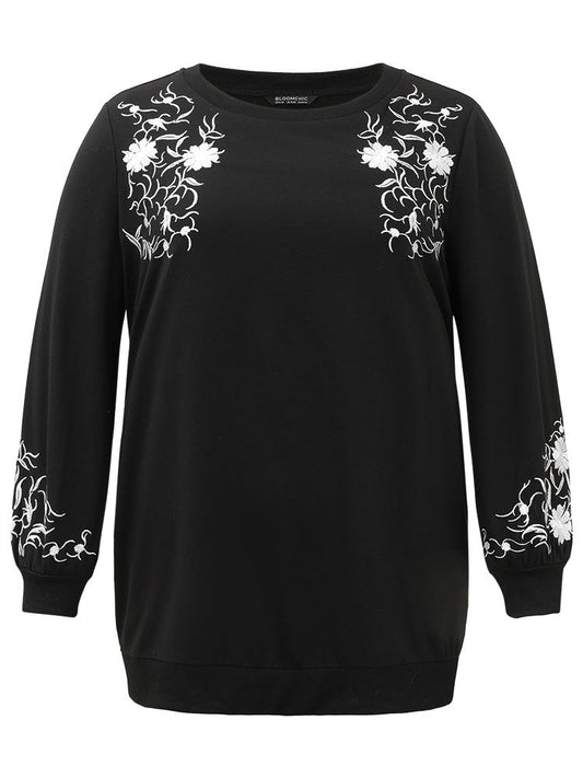 Floral Embroidered Pocket Elastic Cuffs Sweatshirt